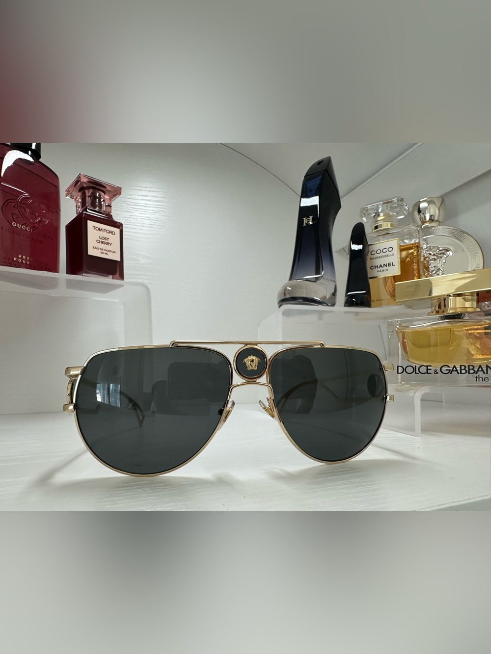 Versace Gold Sunglasses with Black Lenses and Medusa Emblem